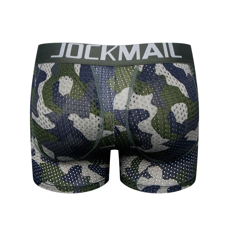 Men's Sexy Fashion Ice Silk Mesh Breathable Soft Comfortable Butt Lift Boxer Briefs Underwear Low Waist Camouflage Quick Dry