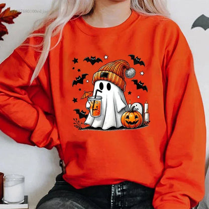 New Women's Sweatshirt Halloween Ghost Pumpkin Bat Print Round Neck Pullovers Ladies Autumn Winter Casual Halloween Sweatshirt