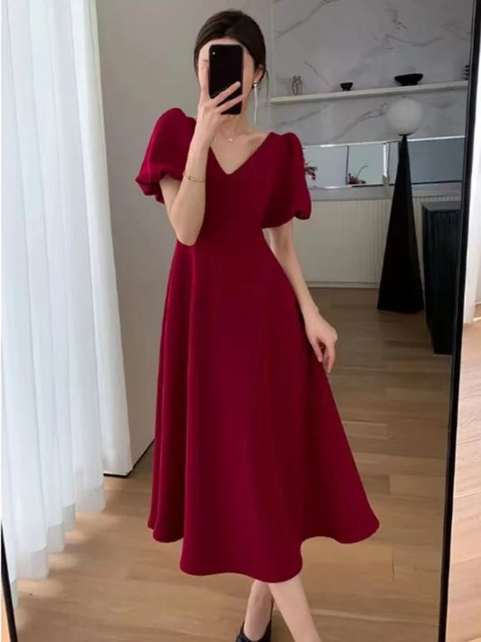 Dresses Summer V-neck Bubble Sleeve High Waist Solid Color Long Dresses for Women Fashion Elegance Black Dress  Women Clothing