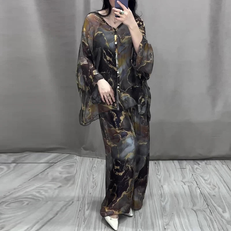 Retro Marble Print Loose Women Outfit Spring V Neck Button Blouse Shirt & Pleated Pants 2pcs Autumn Long Sleeve Female Suits Set