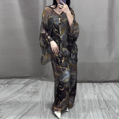 Retro Marble Print Loose Women Outfit Spring V Neck Button Blouse Shirt & Pleated Pants 2pcs Autumn Long Sleeve Female Suits Set