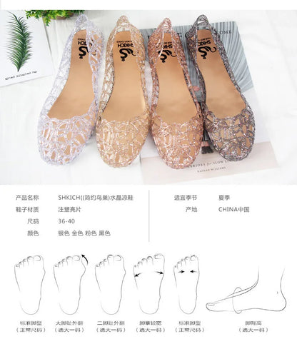 Summer women sandals flat-soled crystal clogs hollow flat-soled slip-ons shallow mouth Roman jelly shoes beach sandals