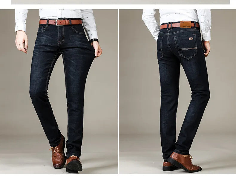 Business Men's Jeans Casual Straight Stretch Fashion Classic Blue Black Work Denim Trousers Male Brand Clothing
