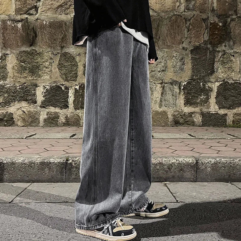 Korean Fashion Men's Baggy Jeans Elastic Waist  Classic olid Color Straight-leg Denim Wide-leg Pants Male Light Blue Grey Black