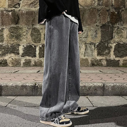 Korean Fashion Men's Baggy Jeans Elastic Waist  Classic olid Color Straight-leg Denim Wide-leg Pants Male Light Blue Grey Black