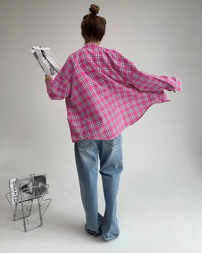 Mnealways18 Pink Brightly Plaid Shirts For Women Spring Summer 2024 Long Sleeves Classic Lapel Blouses And Tops Oversize Checked
