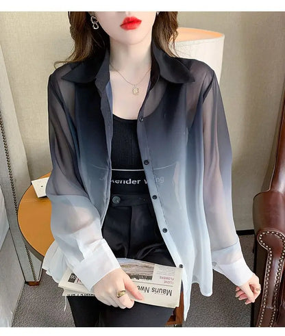 Shirts Women Gradient Loose Leisure Summer Sunscreen Lapel Thin Soft Designed Breathable Korean Fashion Clothing Office Lady New