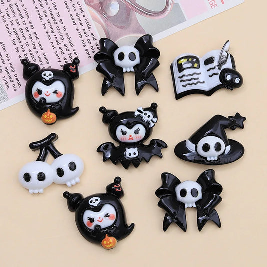 10Pcs Resin Cute Cartoon Halloween Bat, Ghost, Cherry Skull Figurines Flatback Stone Decor DIY Halloween Scrapbook Crafts