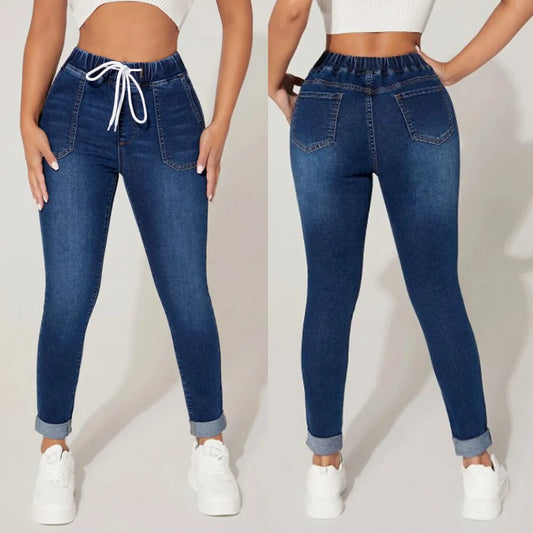 Women's winter High Stretch Elastic Waist Drawstring Jeans