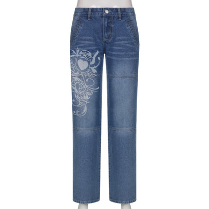 Women's Floral Print Jeans Straight Pants