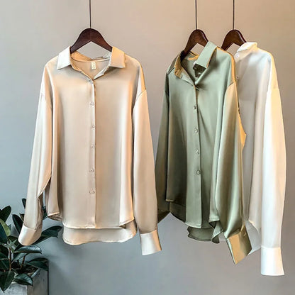 Spring Fashion Button Satin Silk Shirt Hong Kong Style Retro Shirt Women's White Top Women's Long sleeved Women's Loose Street