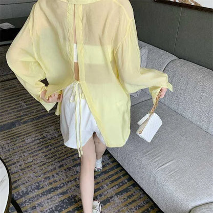 Summer Sun Protection Shirt Women Elegant Chic Loose Lace Up Blouses Korean Fashion Harajuku Long Sleeve Thin Tops Ladies New