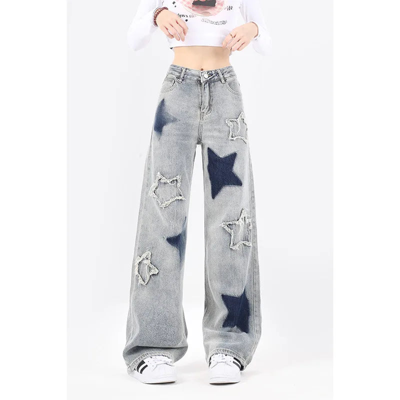 Women's Star Embroidery High Waist Cargo Jeans
