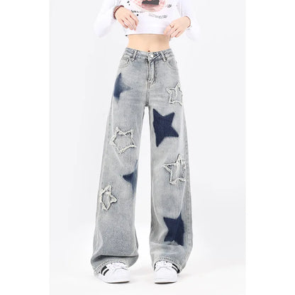 Women's Star Embroidery High Waist Cargo Jeans