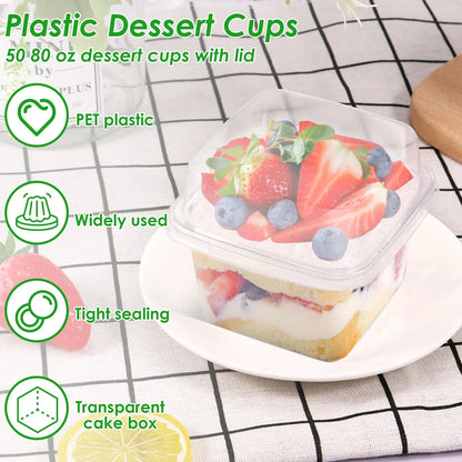 100Pcs Disposable Dessert Cups with Lids 8oz Reusable Cupcake Container Clear Square Single Dessert Box Sealed Cake Storage Box