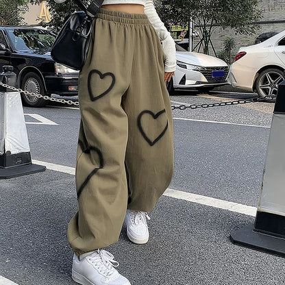 Women Heart Printing Sweatpants Loose Straight Joggers High Waist Wide Leg Pants Oversize Streetwear Korean Y2k Hip Hop Trousers