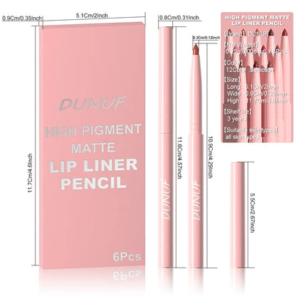 6PC Velvet Matte Lipstick Pen Nude Brown Lip Liner Pencil Kit Smooth Rose Red Pigment Waterproof Long Lasting Dye Cheek Lip Tint