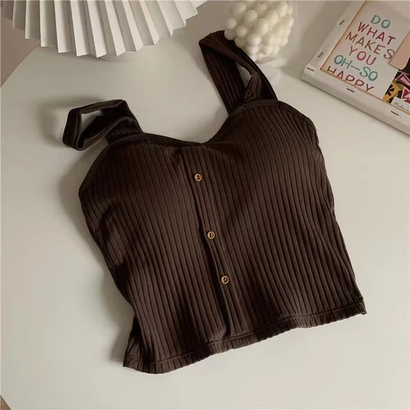 Women Summer Elastic Tank Top Crop Camisole Sleeveless T Shirt Spaghetti Vest Knitted Camis Female Vest Tops White Black