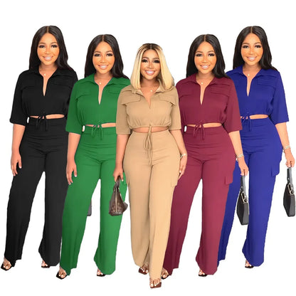 Elegant Women's Set Casual Drawstring Half Sleeve Short Blouse High Waist Straight Wide Leg Pant Suit Tracksuit Two Piece Outfit