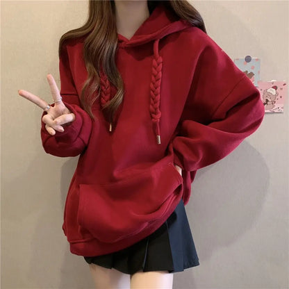 QWEEK Korean Style Hooded Sweatshirts Christmas Red Women's Hoodie Oversize Long Sleeve Pullovers Autumn Winter Warm Fashion New