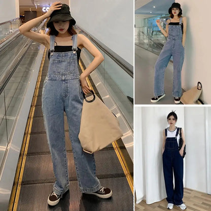 Loose Denim Overalls Stylish Women's Denim Suspender Jumpsuit with Adjustable Straps High Waist Wide Leg Fashionable Overalls