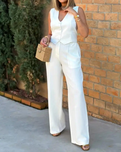 New 2024 Women's Summer Casual 2PCS Pants Sets Solid Vest +Pants Sets Elegant High Waist Wide Leg Outfits Women Matching Sets