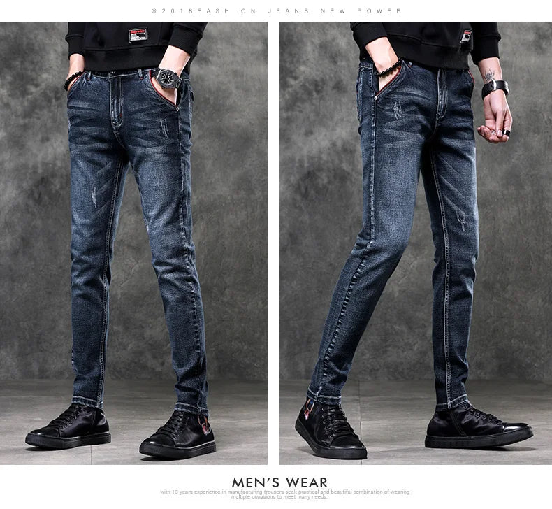 Men's Denim Jeans Classic Stretch Slim Straight-leg Trousers Casual All-match Pants Male Blue Black