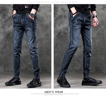 Men's Denim Jeans Classic Stretch Slim Straight-leg Trousers Casual All-match Pants Male Blue Black