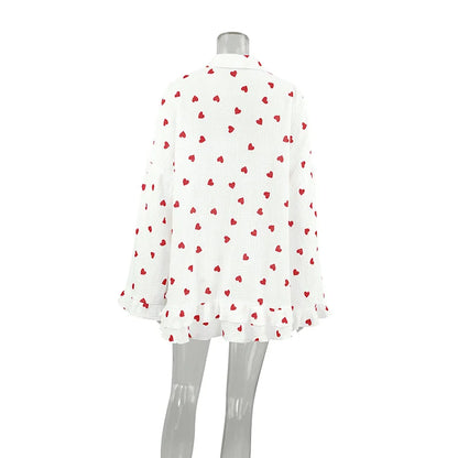 Spring New Fashion Style Love Printed Ruffle Edge Underwear Long sleeved Shorts Three piece Set for Women's Home Fury