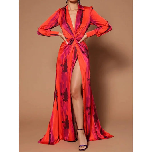 2024 Autumn Women's V-neck Printed Long Sleeve Flip Collar High Waist Split Evening Dress Long Skirt