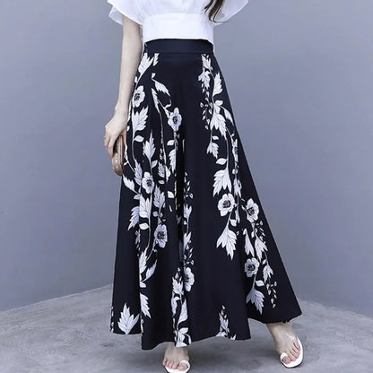 Women's Summer Long Pants Skirt Contrast Color Baggy Flower Print High Waist Slimming Plus Size Trousers Skirt Daily Clothes