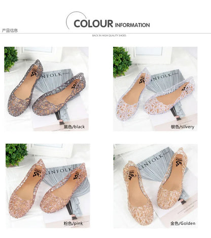 Summer women sandals flat-soled crystal clogs hollow flat-soled slip-ons shallow mouth Roman jelly shoes beach sandals
