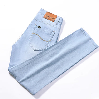 New Summer Business Men's Jeans Casual Straight Stretch Fashion Classic sky Blue  Work Denim Trousers Male Brand Clothing