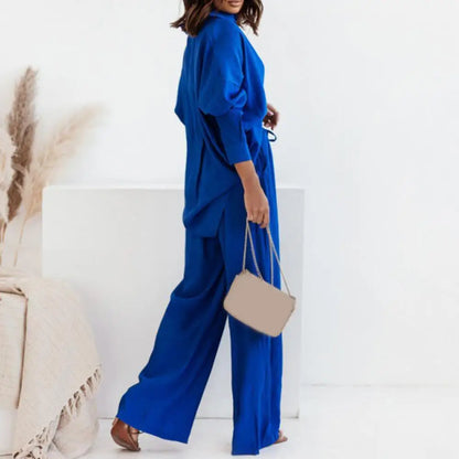 Casual Loose Fit Suit Women's Casual Homewear Set with Loose Drawstring Pants Long Sleeve Shirt Soft Breathable Fabric Elastic