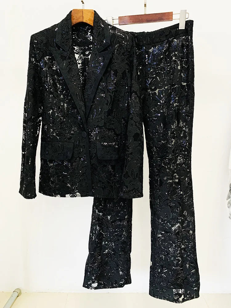 HIGH STREET Newest 2024 Designer Runway Suit Set Women's Single Button Guipure Lace Sequined Blazer Pants Suit