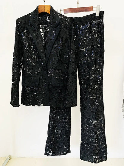 HIGH STREET Newest 2024 Designer Runway Suit Set Women's Single Button Guipure Lace Sequined Blazer Pants Suit