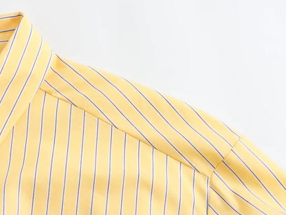 TRAF 2024 Spring New Product Women's Casual Loose Lapel Long sleeved Yellow Striped Poplin Single breasted Shirt