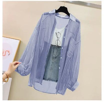 Shirts Women Sheer Thin Chic Summer Simple Solid Sun-proof Temper Fashion Baggy All-match Basic Korean Style Clothes