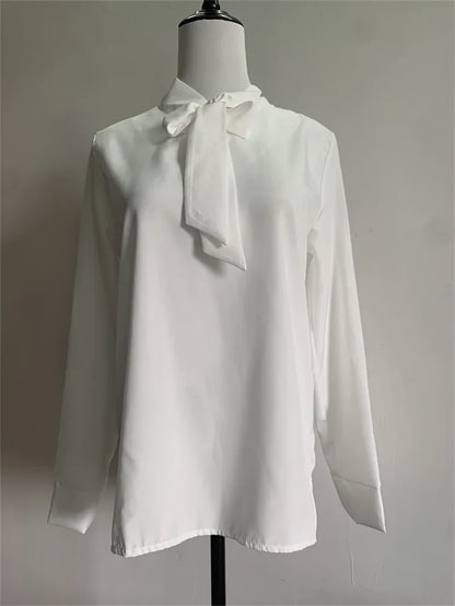Pullover Blouse Summer Shirts for Women Korean Fashion Office Blouses blusas Autumn Long Sleeve Tie Bow Chiffon Formal Shirts