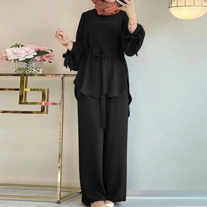 Eid Muslim Outfits Women Shirt Sashes Wide Leg Pants Suit Ramadan Morocco Dubai Islam 2 Piece Set Arab Jalabiya Modest Ensemble