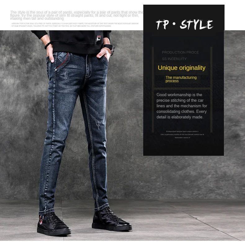Men's Denim Jeans Classic Stretch Slim Straight-leg Trousers Casual All-match Pants Male Blue Black