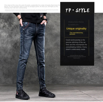 Men's Denim Jeans Classic Stretch Slim Straight-leg Trousers Casual All-match Pants Male Blue Black