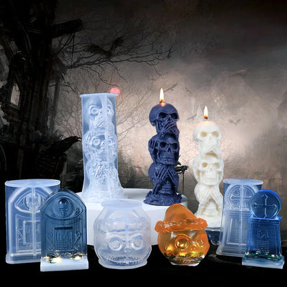Halloween Ornament Candle Silicone Mold  DIY Handmade Epoxy Resin Pumpkin Tombstone Triple Skulls Wax Craft Molds Party Supplies