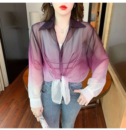 Shirts Women Gradient Loose Leisure Summer Sunscreen Lapel Thin Soft Designed Breathable Korean Fashion Clothing Office Lady New