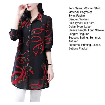Lapel Long Sleeve Casual Shirt Single-breasted Thin Mid-aged Blouse Top Mother Printing Mid-length Shirt Daily Garment