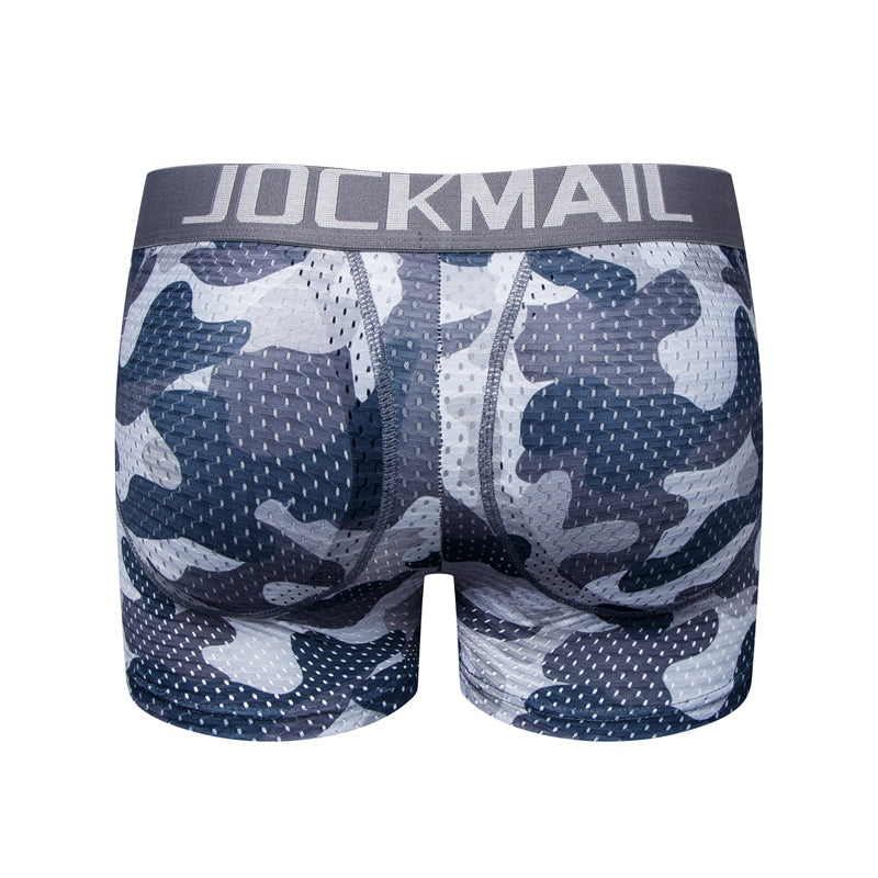 Men's Sexy Fashion Ice Silk Mesh Breathable Soft Comfortable Butt Lift Boxer Briefs Underwear Low Waist Camouflage Quick Dry