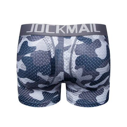 Men's Sexy Fashion Ice Silk Mesh Breathable Soft Comfortable Butt Lift Boxer Briefs Underwear Low Waist Camouflage Quick Dry