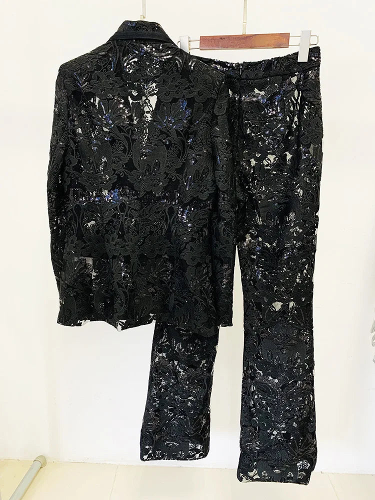 HIGH STREET Newest 2024 Designer Runway Suit Set Women's Single Button Guipure Lace Sequined Blazer Pants Suit