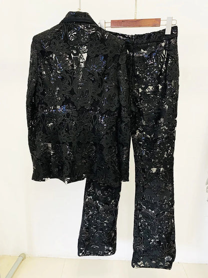 HIGH STREET Newest 2024 Designer Runway Suit Set Women's Single Button Guipure Lace Sequined Blazer Pants Suit