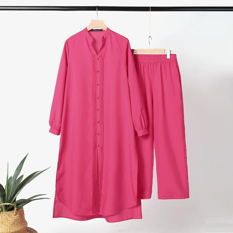 ZANZEA Retro Long Straight Pant Suit Women Solid 2PCS Pant Sets Fashion Long Shirt Tracksuit Casual Buttons Autumn 2023 Outfits
